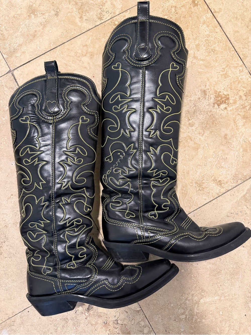 Ganni Black Leather Western Knee-High Boots with Yellow Stitching